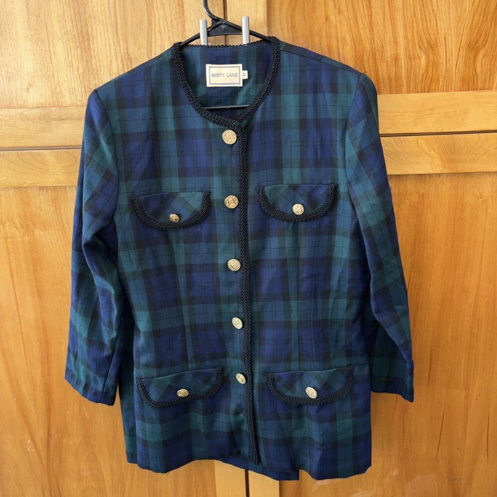 Misty Lane Tartan Plaid Jacket Skirt Suit Gold Buttons 12 Lined Zip Vintage